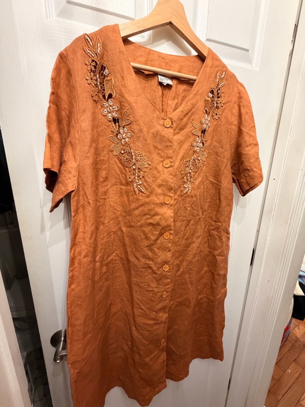 Vintage Embroidered Button-Front Linen Tunic Dress in Rust made in Italy